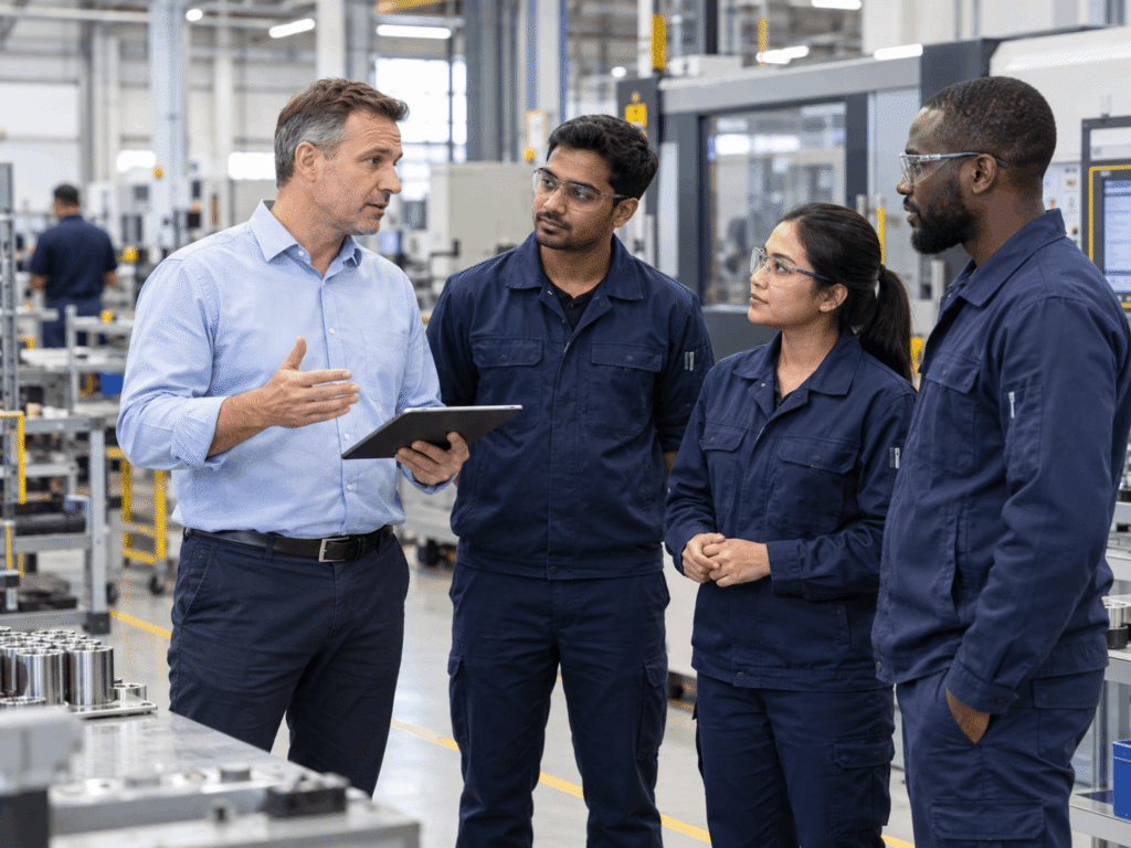European operations manager briefing international manufacturing workers